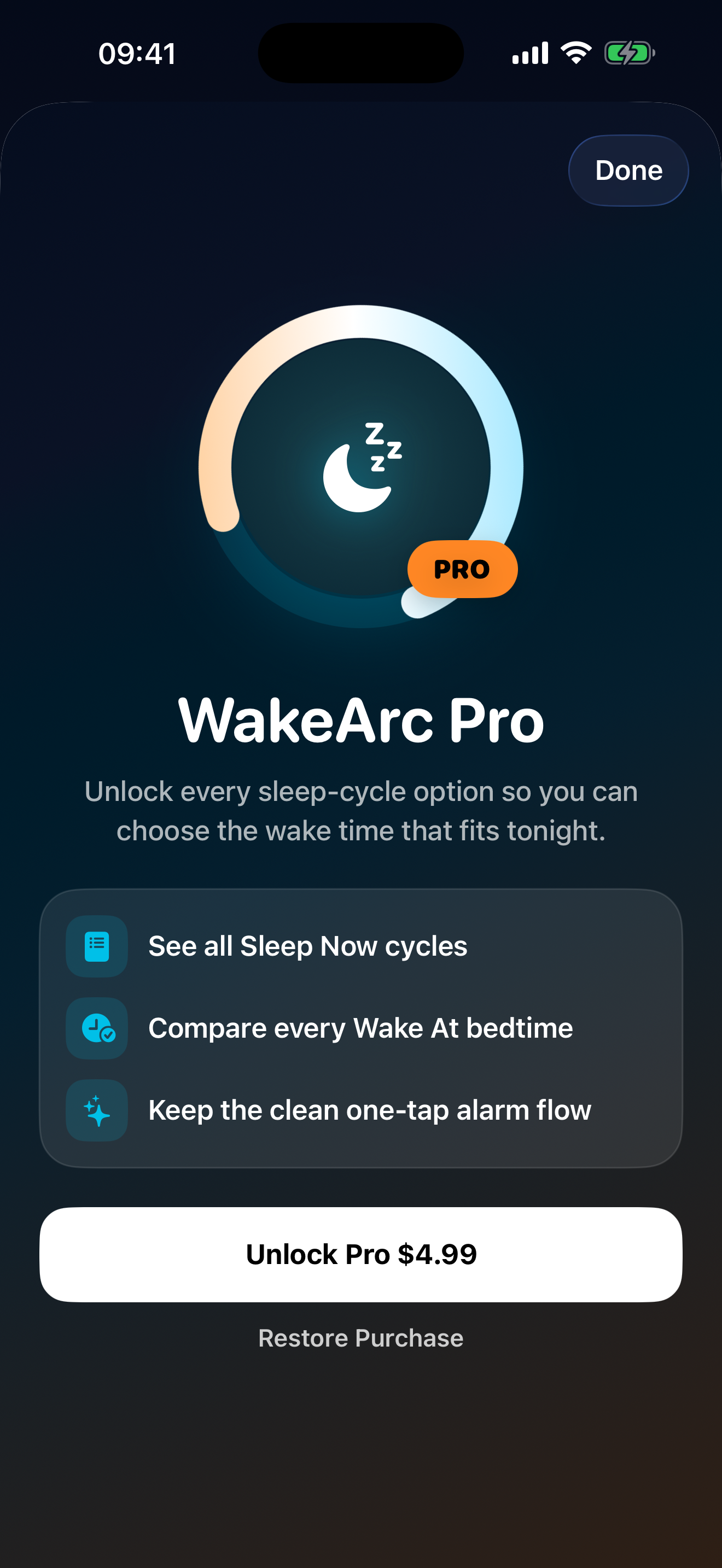 WakeArc Pro screen showing the one-time unlock benefits