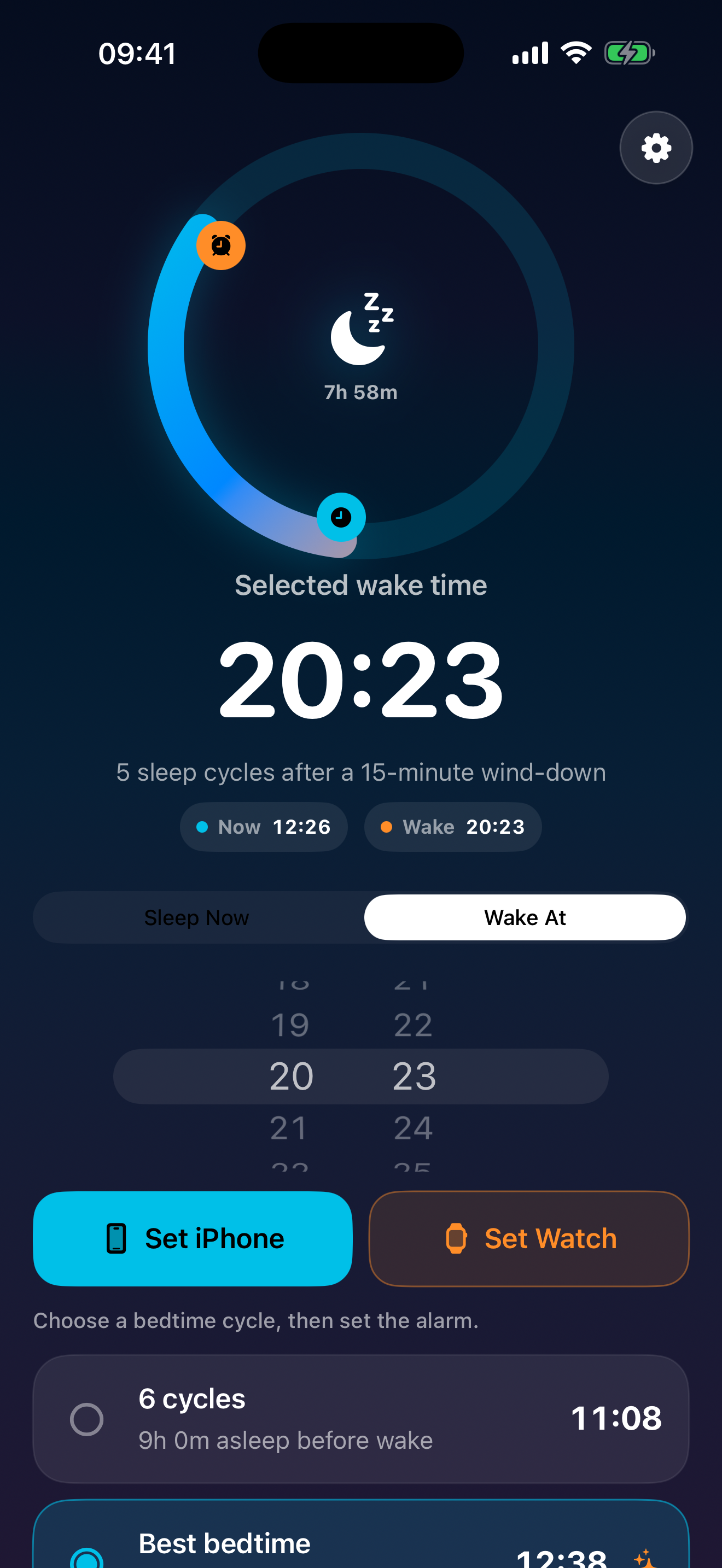 WakeArc Wake At screen for choosing a morning wake time